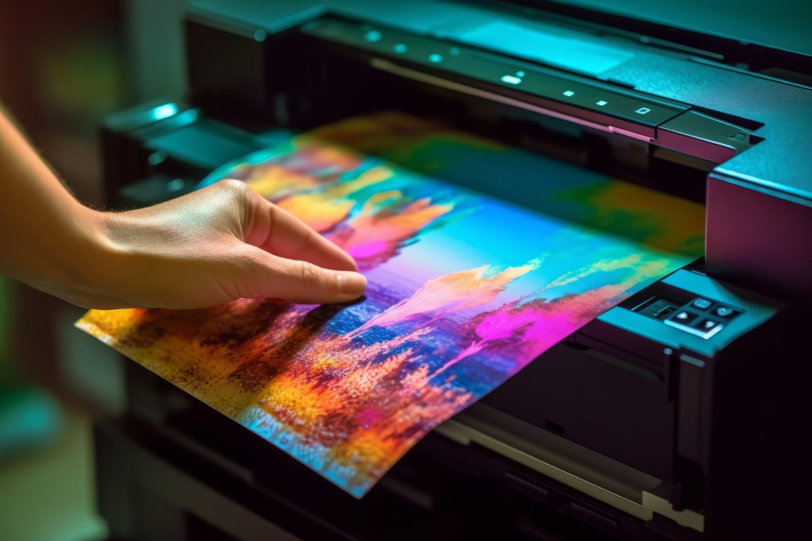 Hand holding a freshly printed photograph with vibrant colors, showcasing the high-quality output of an ink photo printer. Generative Ai printing